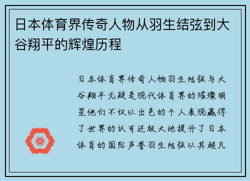 日本体育界传奇人物从羽生结弦到大谷翔平的辉煌历程